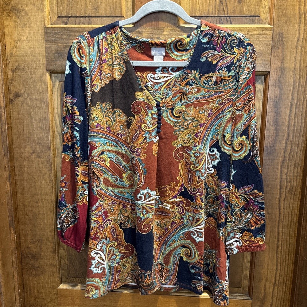 Chico's Button Up Shirt Womens M Paisley Long Sleeve Fall
